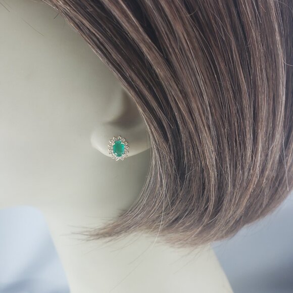 14 Karat Yellow Gold Emerald Diamond Halo Stud Earrings #19463 - Picture 8 of 9